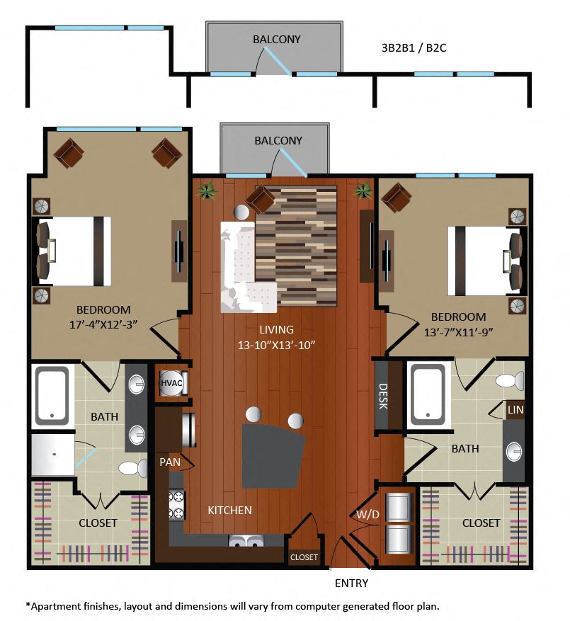 Floor plan for 2 beds, 2 baths, 1210 sqft